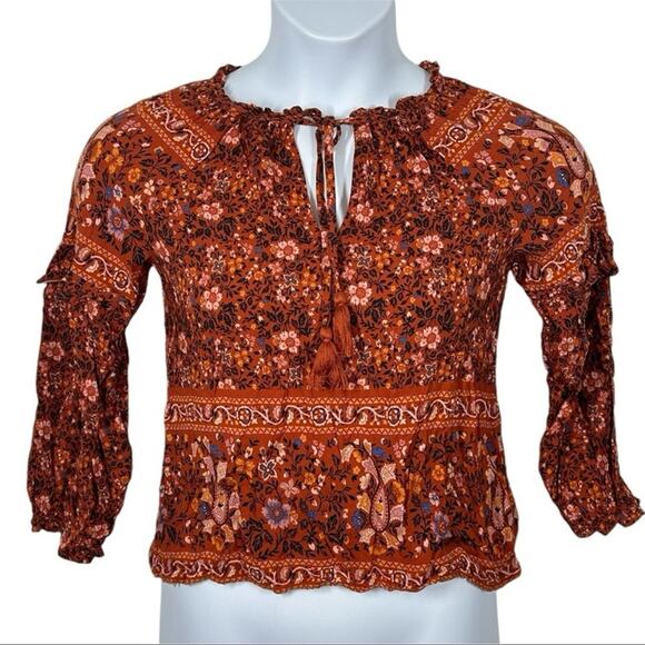 American Eagle Rust Orange Floral Print Boho Ruffle Blouse Size XS - Picture 2 of 12